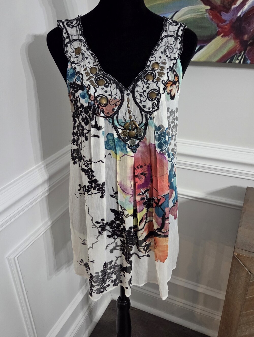 Mushka by Sienna Rose Blouse Tunic Semi Sheer Lace Bronze Accents L Y2K Boho